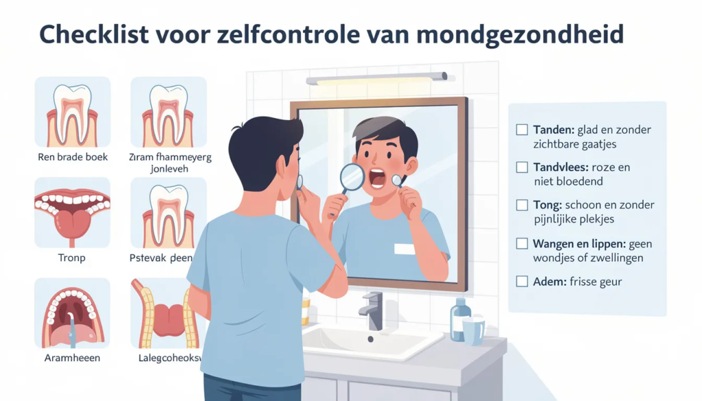 Een checklist voor zelfcontrole van de mondgezondheid ligt op een tafel, naast een spiegel. De checklist bevat belangrijke punten zoals het controleren op ontstoken tandvlees, slechte adem en tandplaque, om een gezonde mond te behouden.