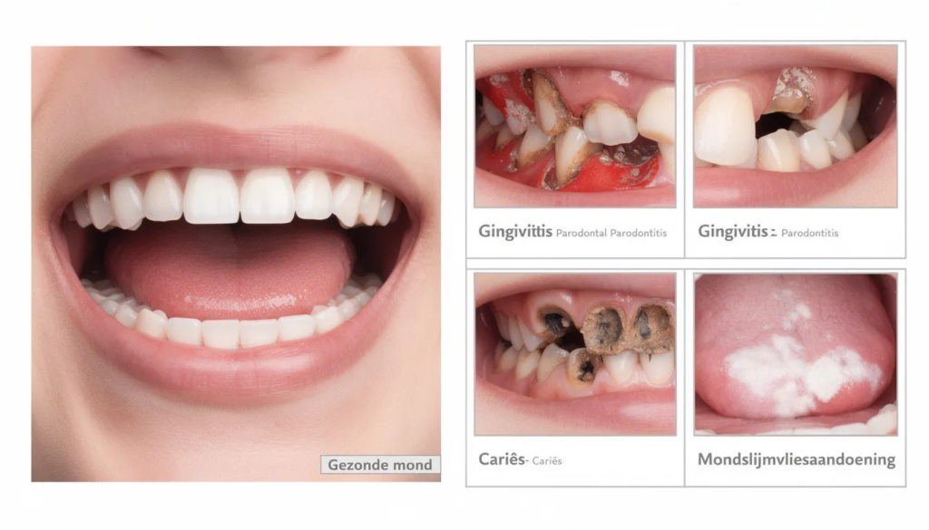 Dit vergelijkingsbeeld toont een gezonde mond met gezond tandvlees en tanden, tegenover verschillende mondaandoeningen zoals ontstoken tandvlees, pijnlijke aften en slechte adem. De afbeelding benadrukt het belang van goede mondhygiëne om aandoeningen zoals tandplaque en een droge mond te voorkomen.