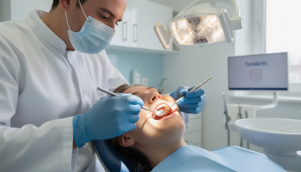 Een tandarts onderzoekt de tanden van een patiënt met verschillende dental tools, terwijl de patiënt in de tandartsstoel zit. De tandarts kijkt aandachtig naar het gebit om eventuele oppervlakkige vlekken of tandplak te identificeren, en kan aanbevelingen doen over het gebruik van houtskool tandpasta voor wittere tanden en een frisse adem.