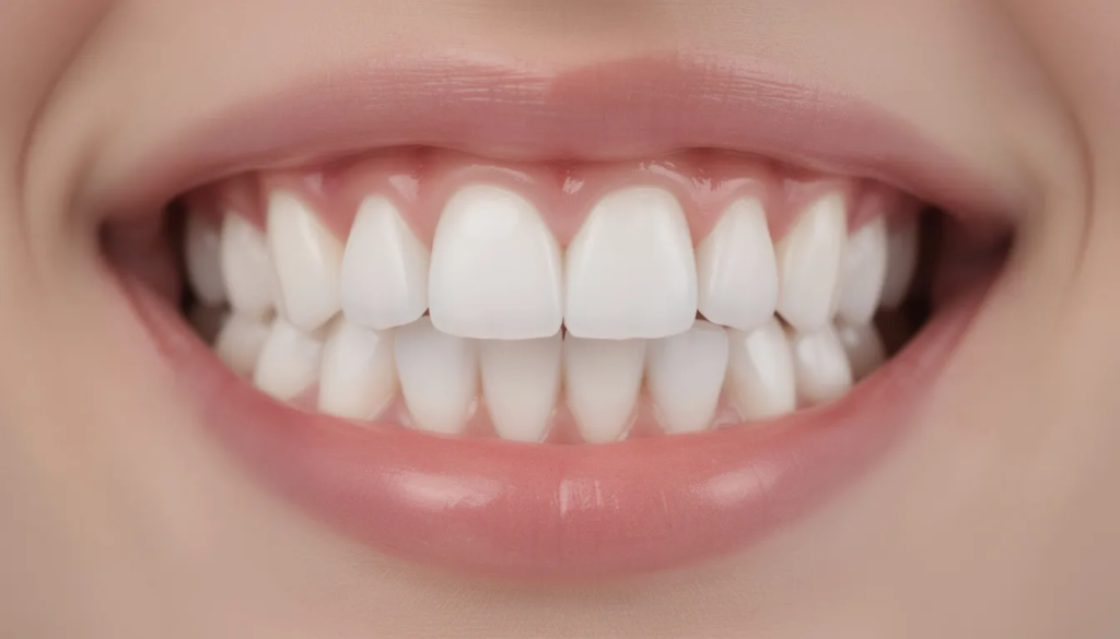 De afbeelding toont een close-up van een gezonde mond met stralend witte tanden en gezond, roze tandvlees. Dit beeld benadrukt het belang van goede mondhygiëne om aandoeningen zoals ontstoken tandvlees en slechte adem te voorkomen.